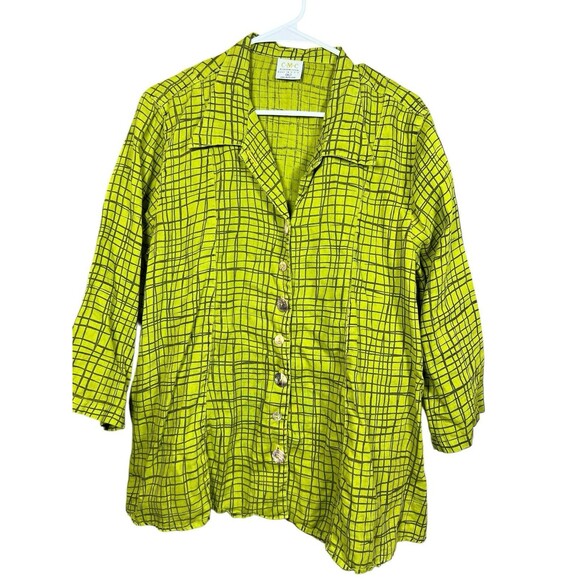 CMC Color Me Cotton Women’s XL 100% Linen Button Front Shirt Lime Green Grid - Picture 1 of 10